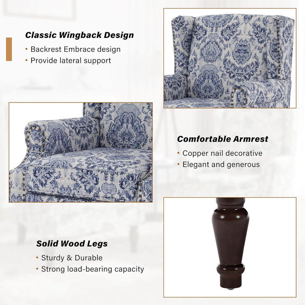 Wingback Accent Chairs Set of 2, High Back Armchair , Navy | Ergonomic Design | Linen Fabric | High-Resilient Foam