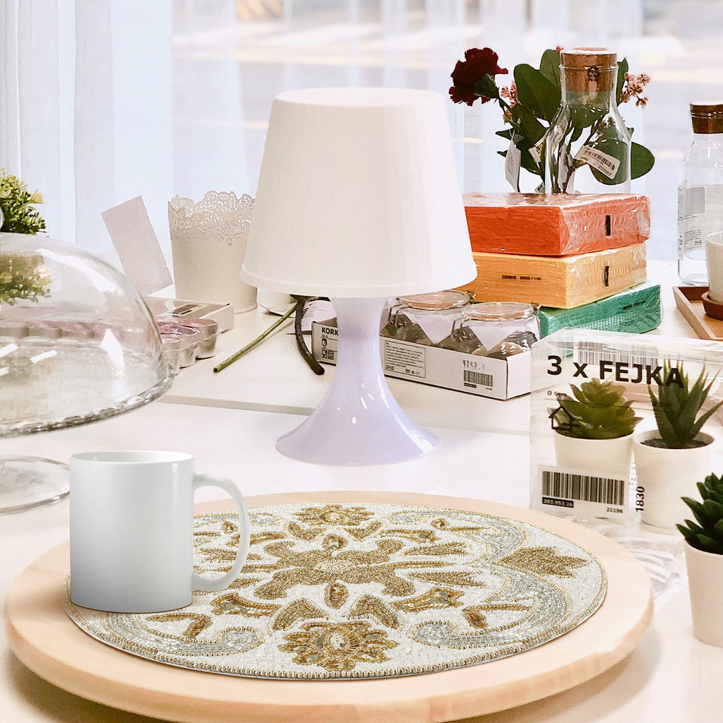 Beaded Charger Placemats Set of 2, 13" -Silver Gold Ivory