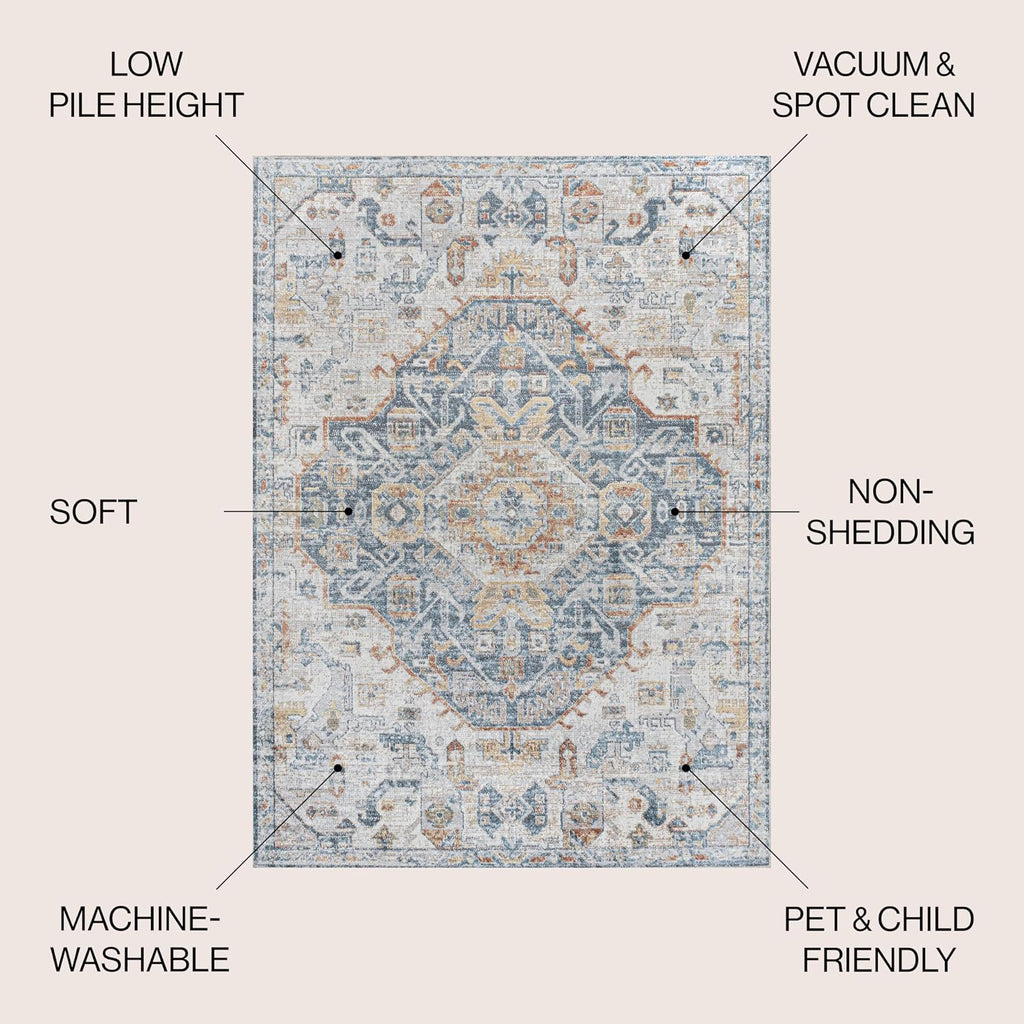Machine Washable Indoor Area Rug Cream/Blue/Terra, Shaemus Bohemian Medallion Low-Pile, Easy-Cleaning