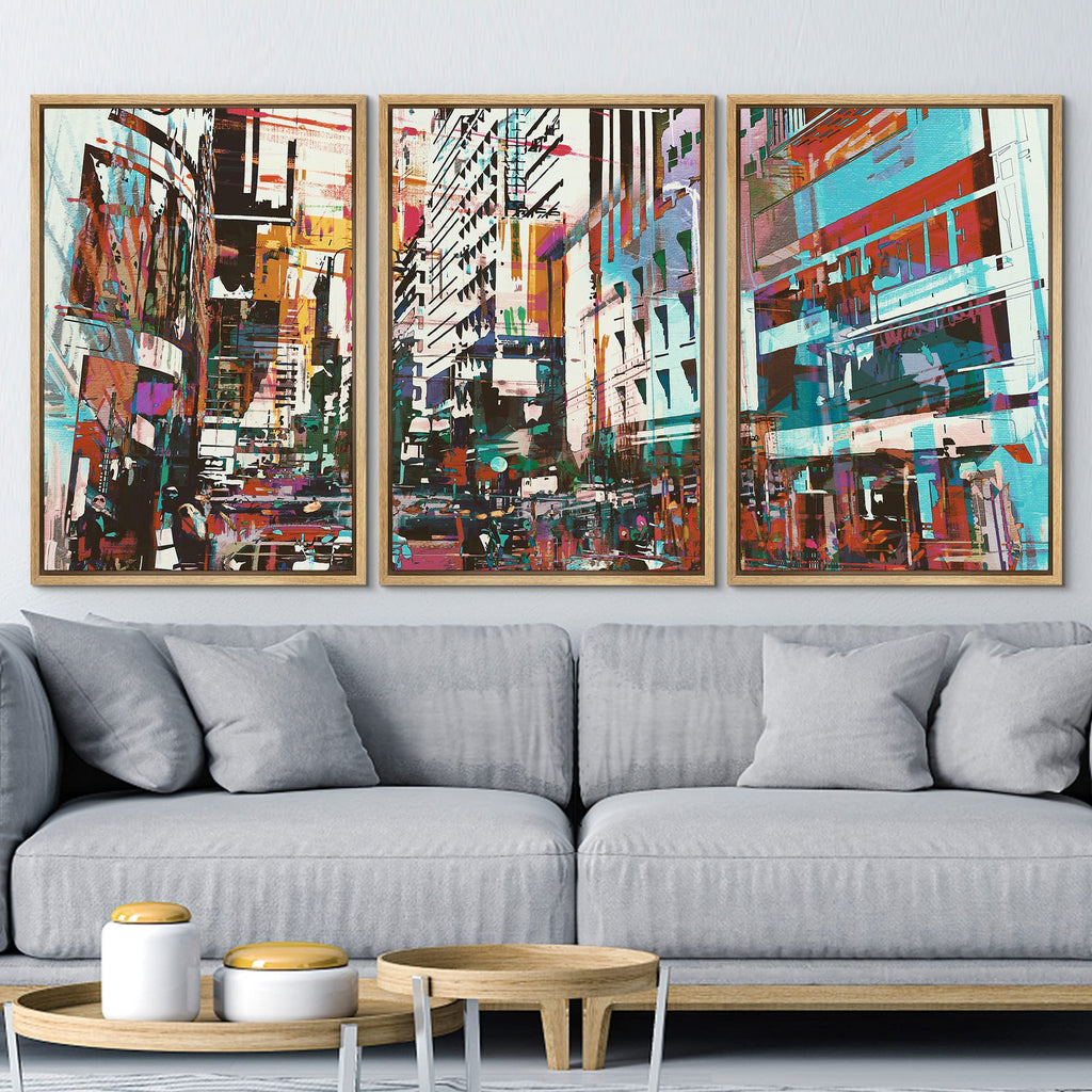 Framed Canvas Print Wall Set Grunge Paint Stroke Rainbow Cityscape Architecture & Maps Cities Photography Modern