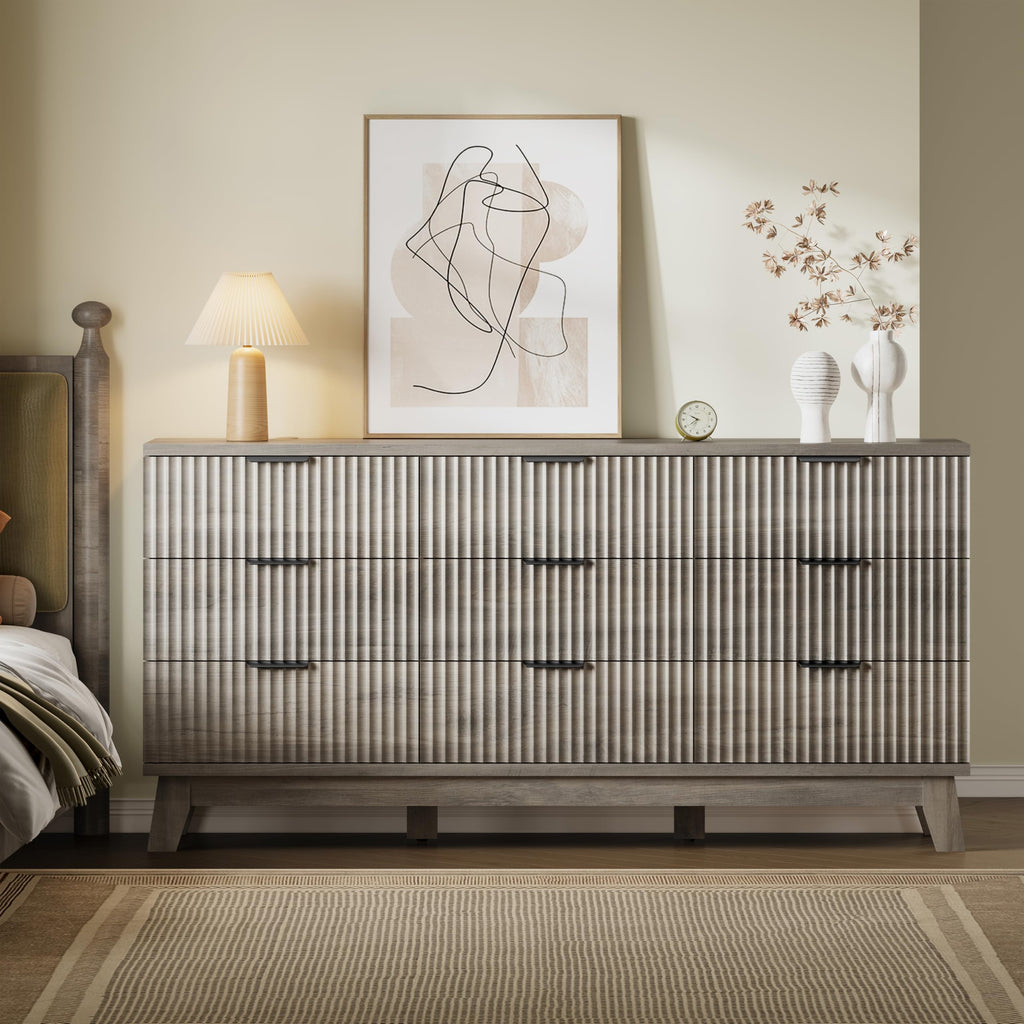 63" Long Dresser, 9-Drawer Fluted Dresser, Extra-Wide Wood Chest of Drawers with Smooth Metal Slides, Stable Base