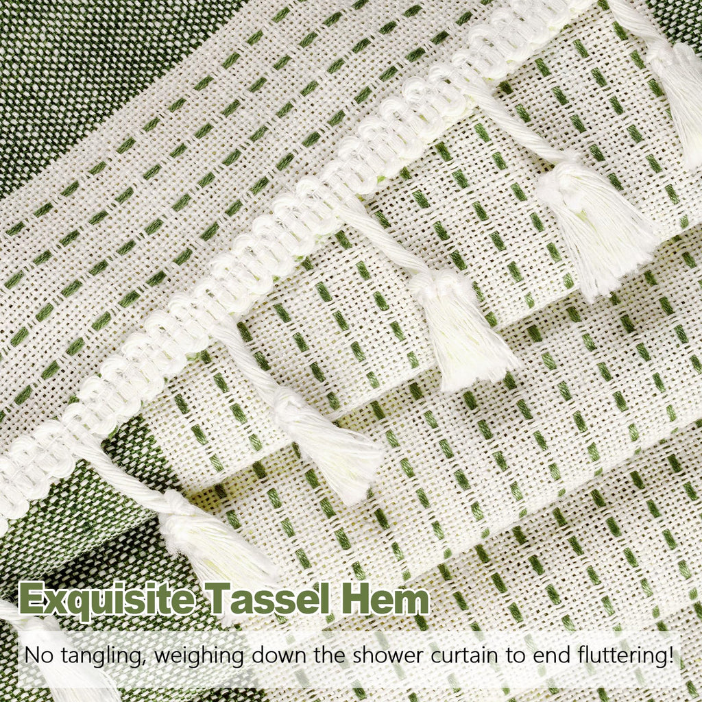 Boho Farmhouse Thick Shower Curtain with Tassels, Cotton Linen Soft Fabric Shower Curtain Heavyweight, Sage