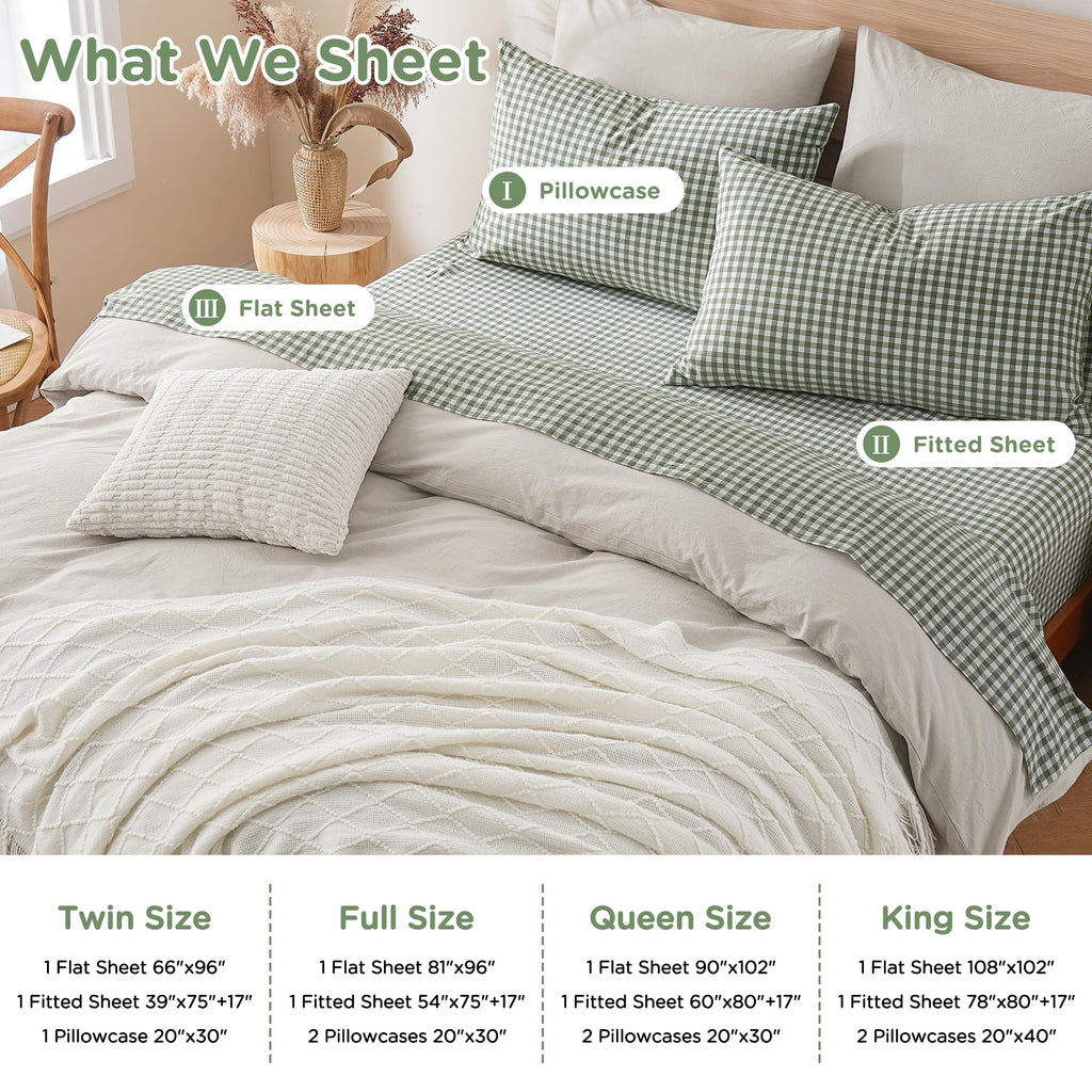 Green Brown Gingham Sheets Set 100% Washed Cotton Like Linen, King