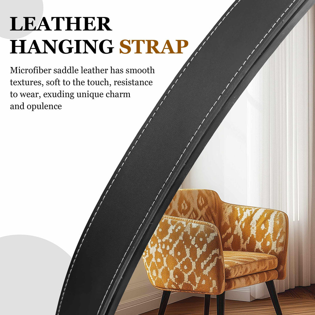 Hanging Strap Wall Mirror: 27.5" Round Bathroom Mirror Black Frame
