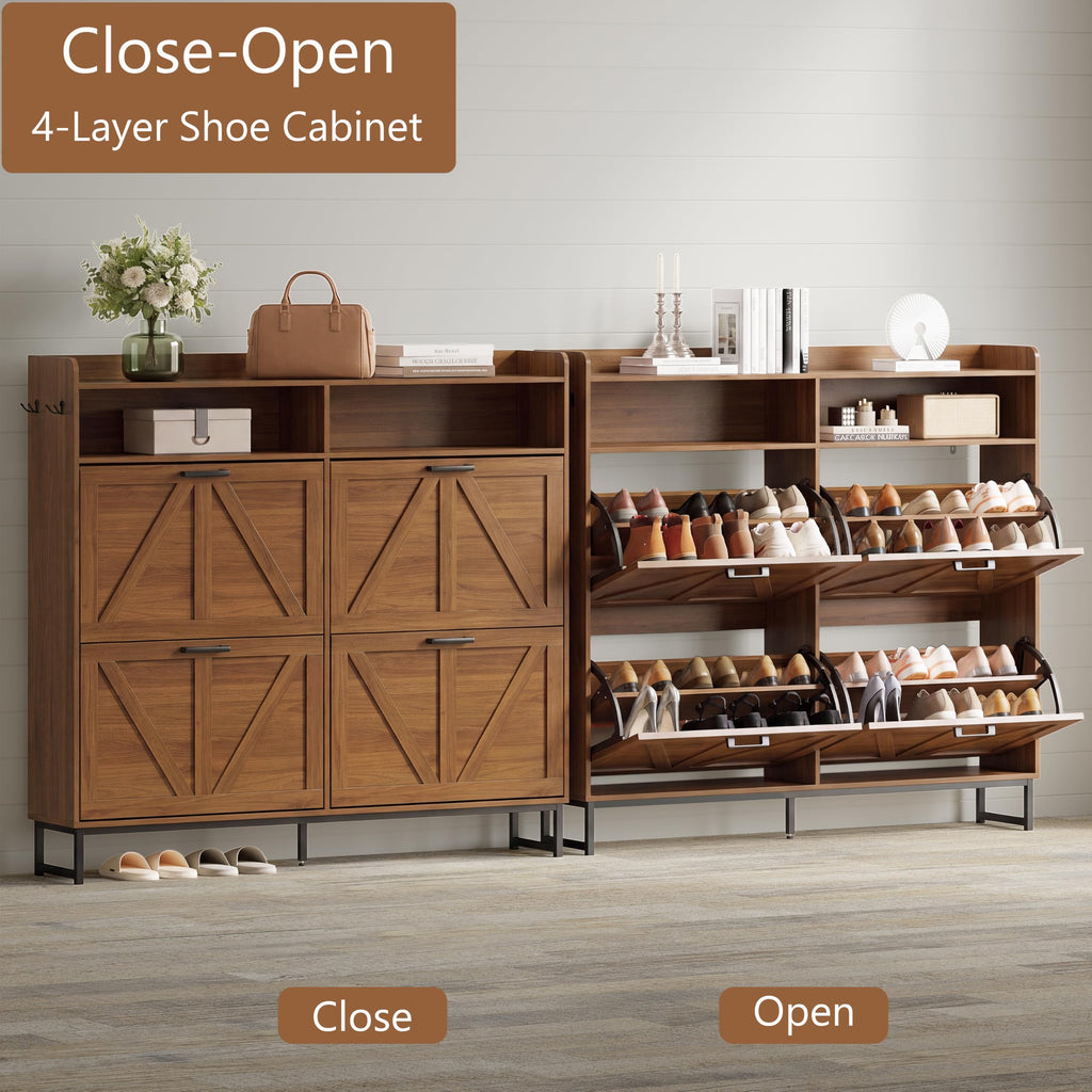 Shoe Storage Cabinet with 4 Flip Drawers, Entryway Shoe Rack, Walnut