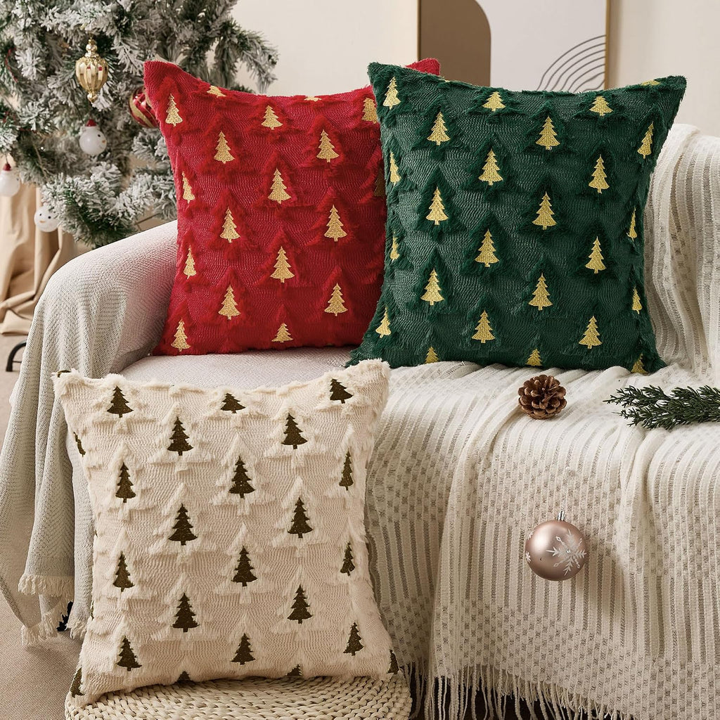 Christmas Pillow Covers 20x20 Beige Brown Xmas Tree Pillow Covers Soft Plush Faux Fur Christmas Decorations - Set of 2