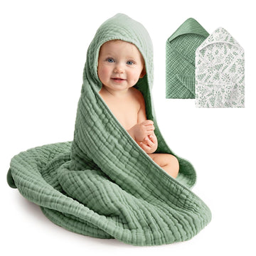 Bath Towels, 100% Muslin Cotton Hooded Baby Towels for Newborn, 2 Pack Baby Towels with Hood for Infant Toddler