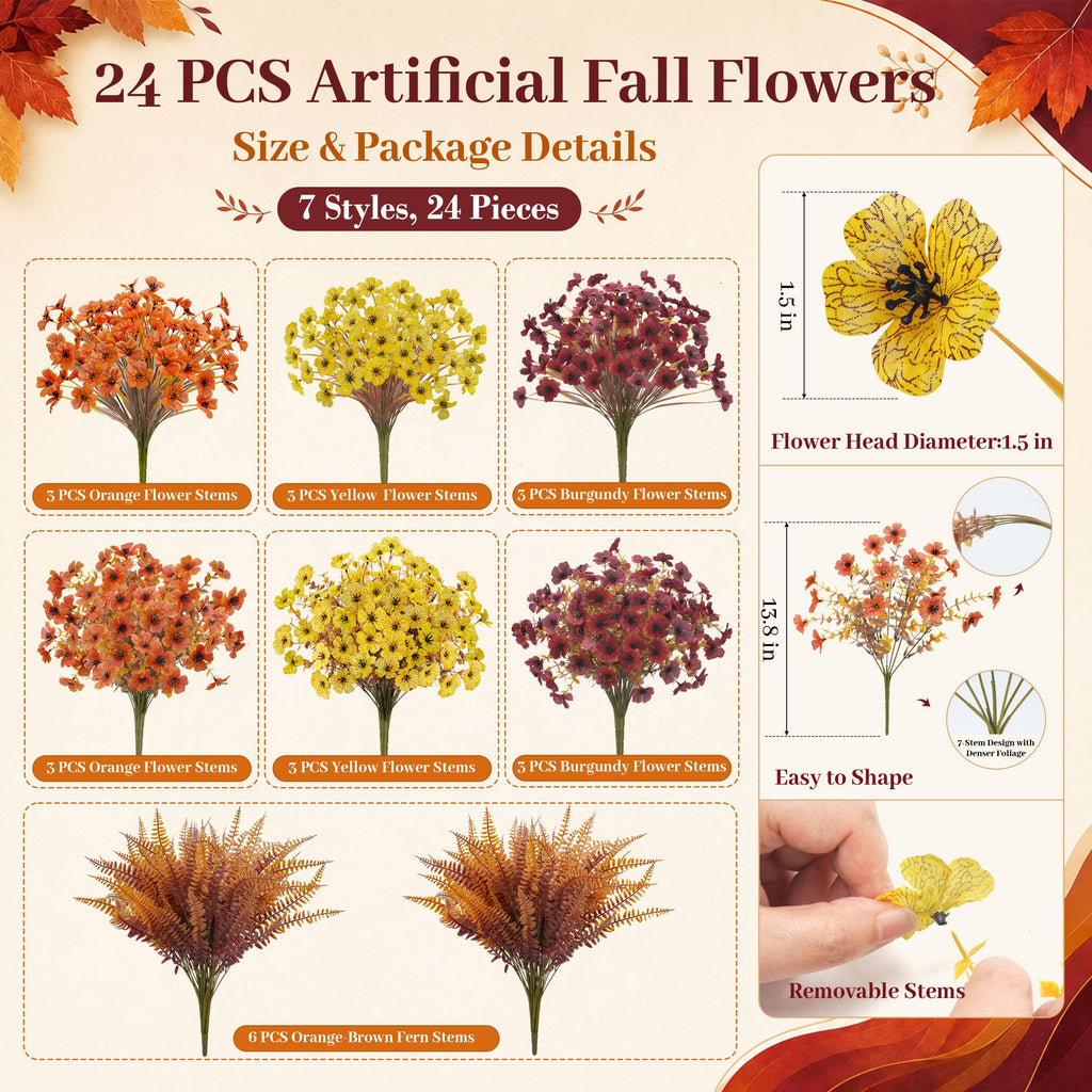 24 PCS Artificial Fall Flowers for Outdoors, Flower Stems & Ferns