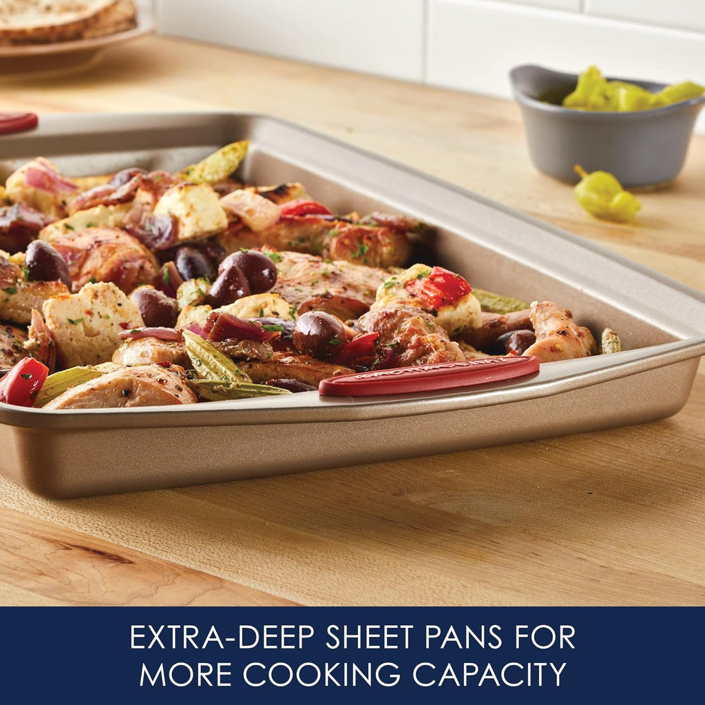 Cucina Nonstick Bakeware Pans Set, Latte Brown and Cranberry Red, Dishes, 10-Piece