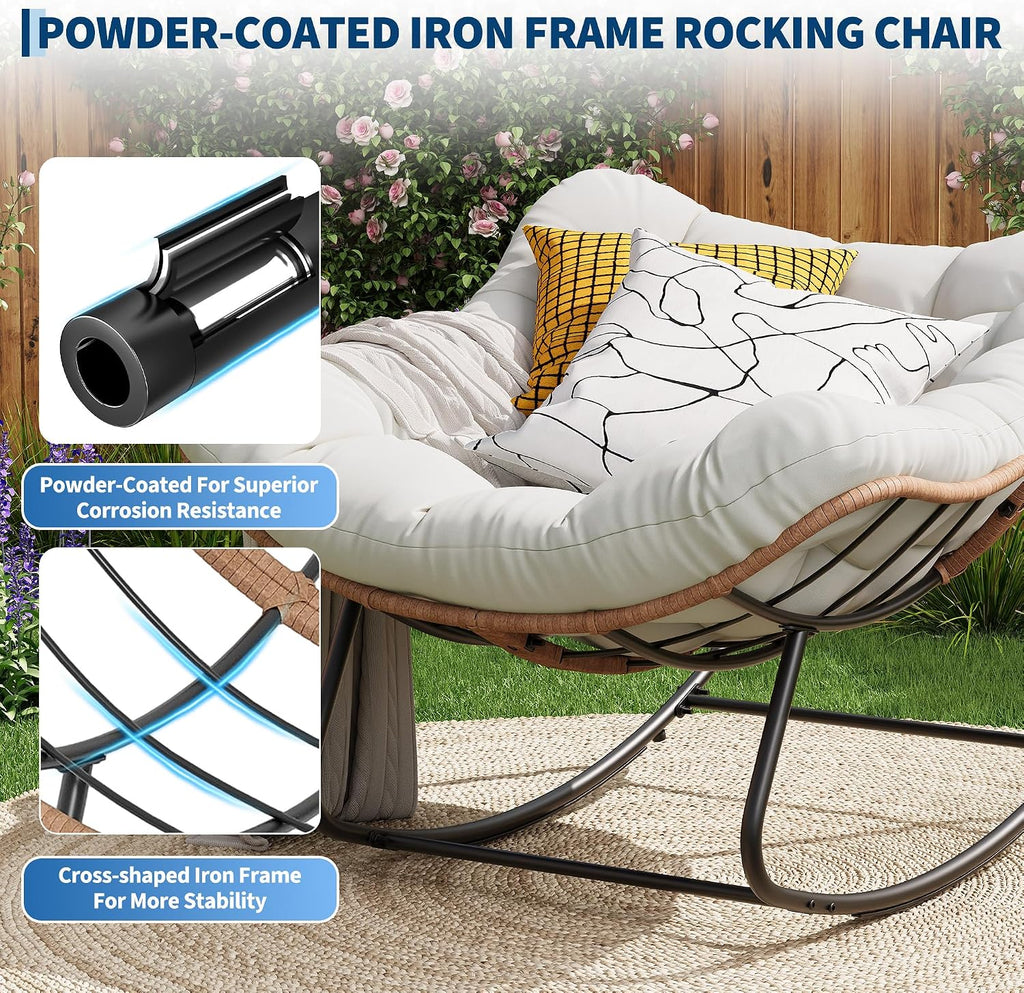 Outdoor Rocking Chair, Oversized Papasan Chair with Cushion | Metal & PE Rattan Frame, 400LBS Capacity, Ideal