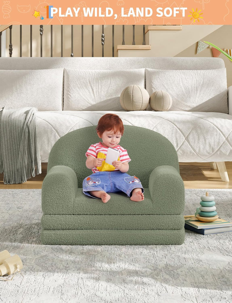 In-1 Convertible Kids Sofa Chair, Fold Out Toddler Couch for Reading and Napping, High-Density Foam Sherpa Toddler