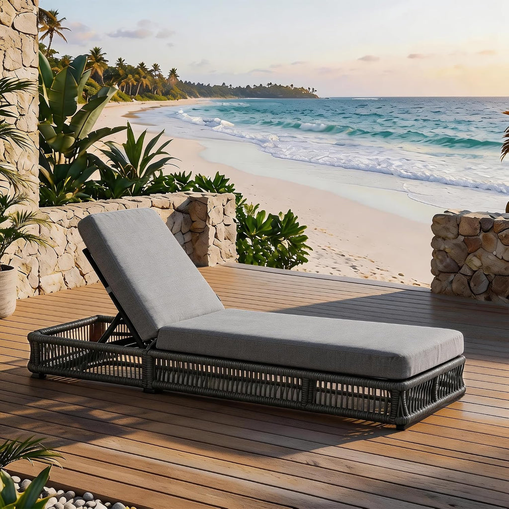 Outdoor Chaise Lounge Chair, 5-Position Adjustable Backrest, All-Weather Grey Woven Rope Recliner with 5 Inch Grey