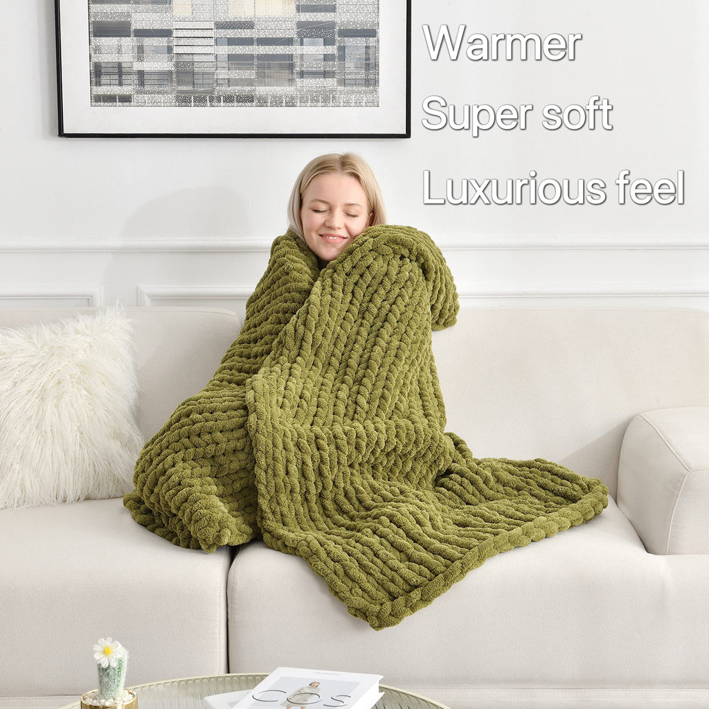 Tighter Version Chenille Chunky Knit Blanket Throw 50×60 Inch, Handmade Warm & Cozy Blanket Couch, Bed, Home Decor