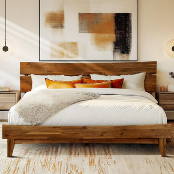 Aurora Solid Wood King Platform Bed Frame with Headboard, Walnut