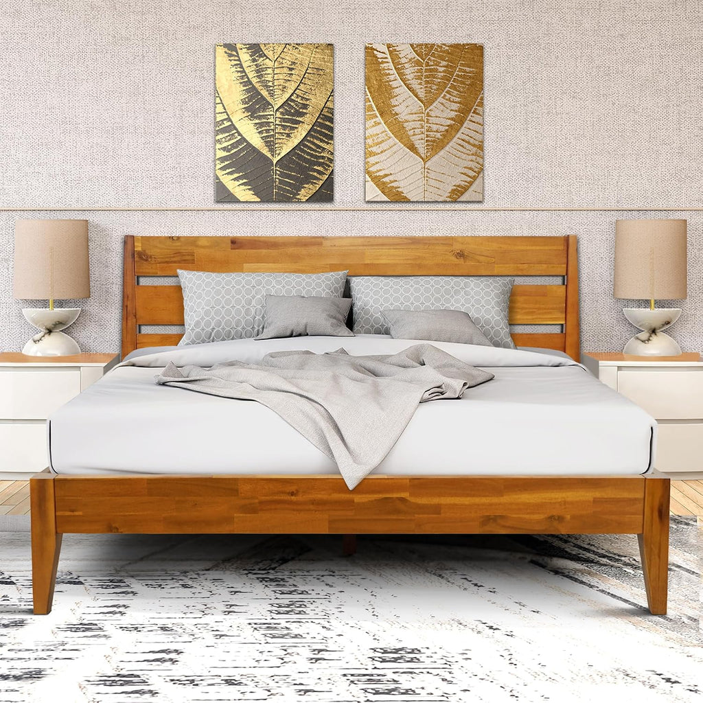 Acacia Emery Bed Frame with Headboard Solid Wood Platform Bed, Queen Bed Frame, Mid - Century Modern Wood Bed