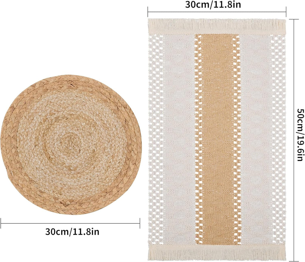 Handmade Boho Placemats - Natural Cotton Burlap and Water Straw Woven Rattan Wicker Braided Combination - Set of 6