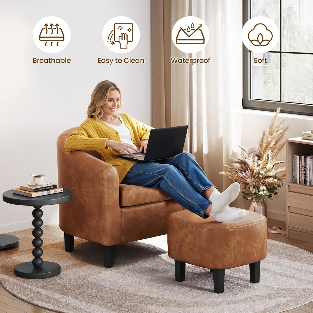 Accent Chairs with Ottoman, Faux Leather Barrel Chairs, Brown