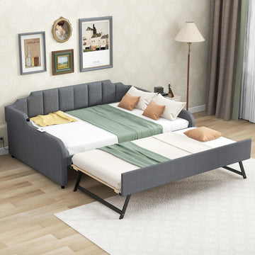 Full Upholstered Daybed with Pop up Trundle, Extendable Sofa Bed Full Daybed with USB Charging and Adjustable Trundle