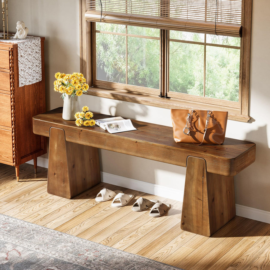 Solid Wood Bench, 47-Inch Farmhouse Wood Entryway Bench with Thickened Legs, Narrow Indoor Wooden Bench for Entry
