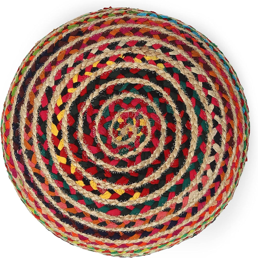 Braided Jute Cotton Pouf - Circular Boho Ottoman - Multi | Jute with Cotton Pouf, 19.5"x19.5"x14"; Braided Boho