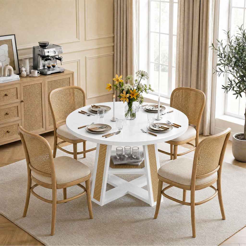 Dining Table, 43"-59" Extendable Round to Oval with Storage, White