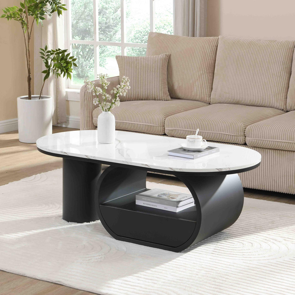 Faux Marble Oval Coffee Table with Storage Drawer Pedestal Base