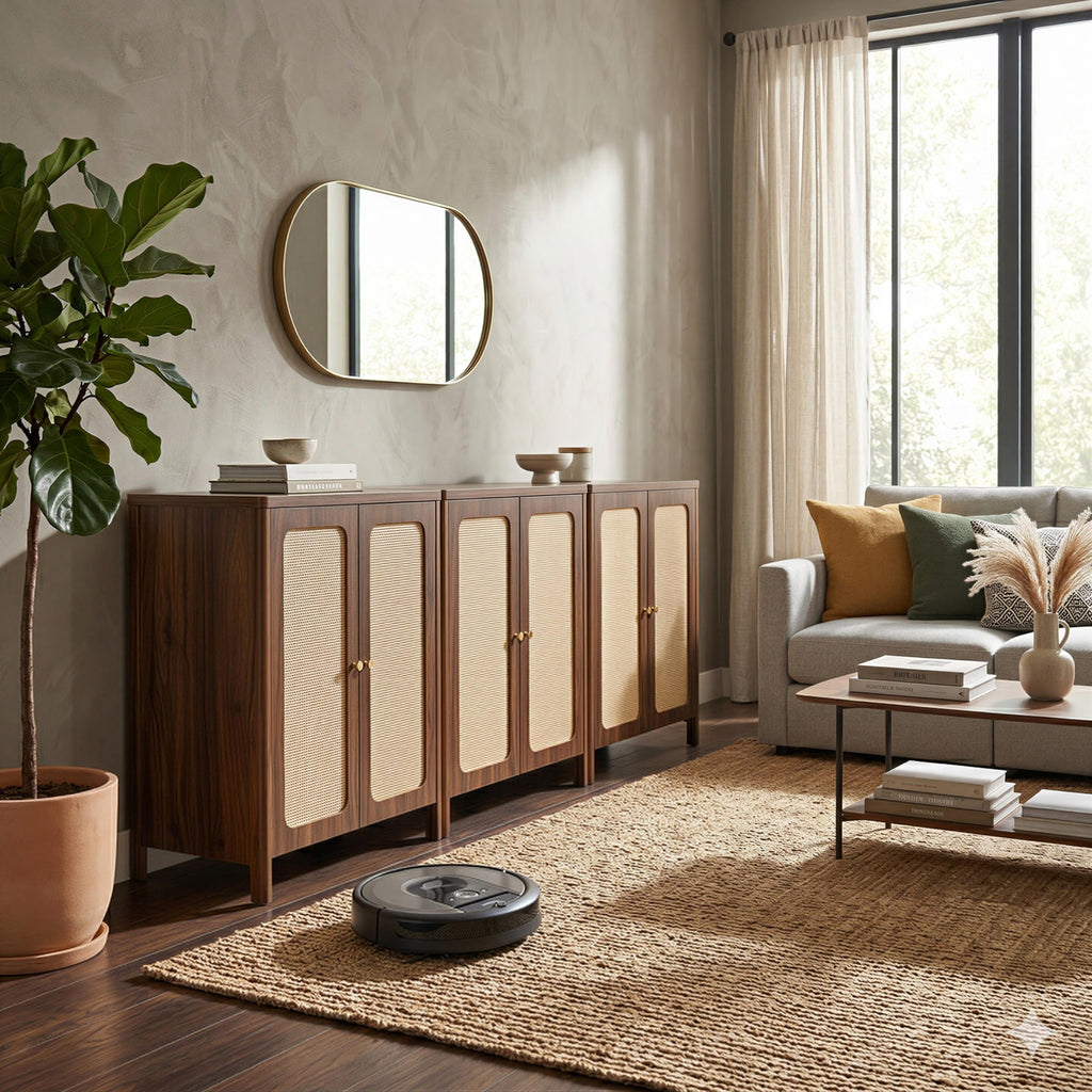 94.5" Rattan Buffet Cabinet with Storage, Sideboard with Adjustable Shelf, Accent Kitchen Floor Storage Cabinet with