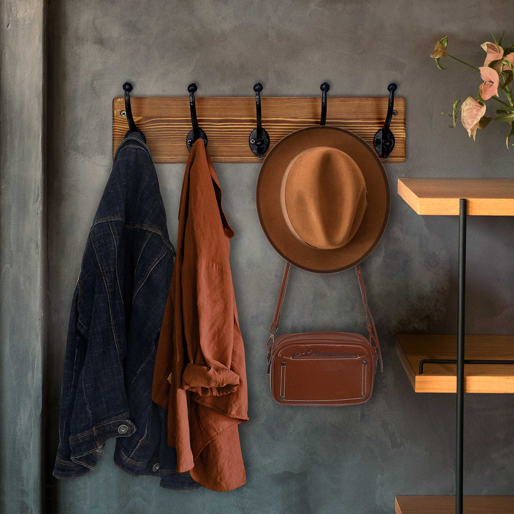 Rustic Coat Rack Wall Mount, 5 Cast Iron Coat Hooks Wall Mounted, Heavy Duty Wall Coat Hanger Hooks for Hanging