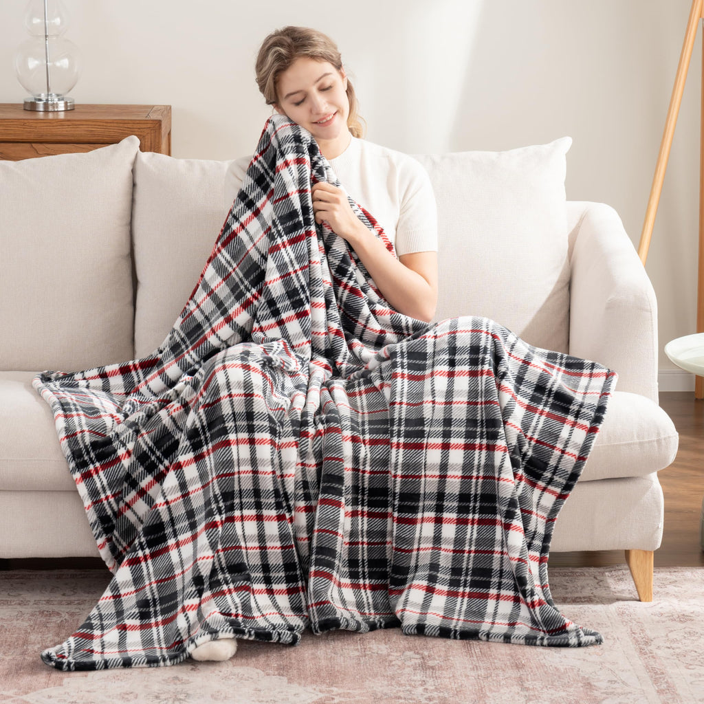 Classic Heavyweight Soft Printed VelvetLoft Plush Throw Blanket, Cozy and Fuzzy, Plaid Black Red, 50in x 70in
