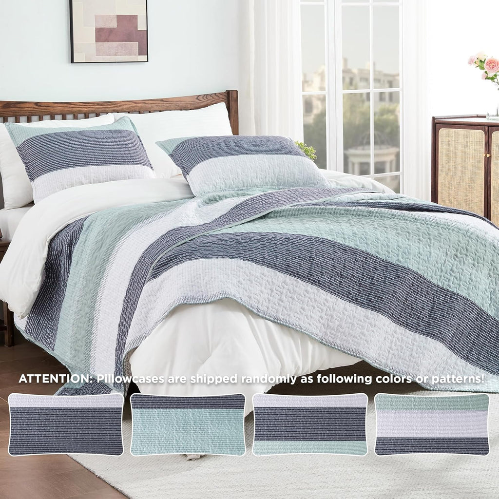 King Quilt Set Sage Green, 3 Pieces Mint Green Ultra Soft Lightweight Bedspreads & Coverlets Set, Patchwork Striped
