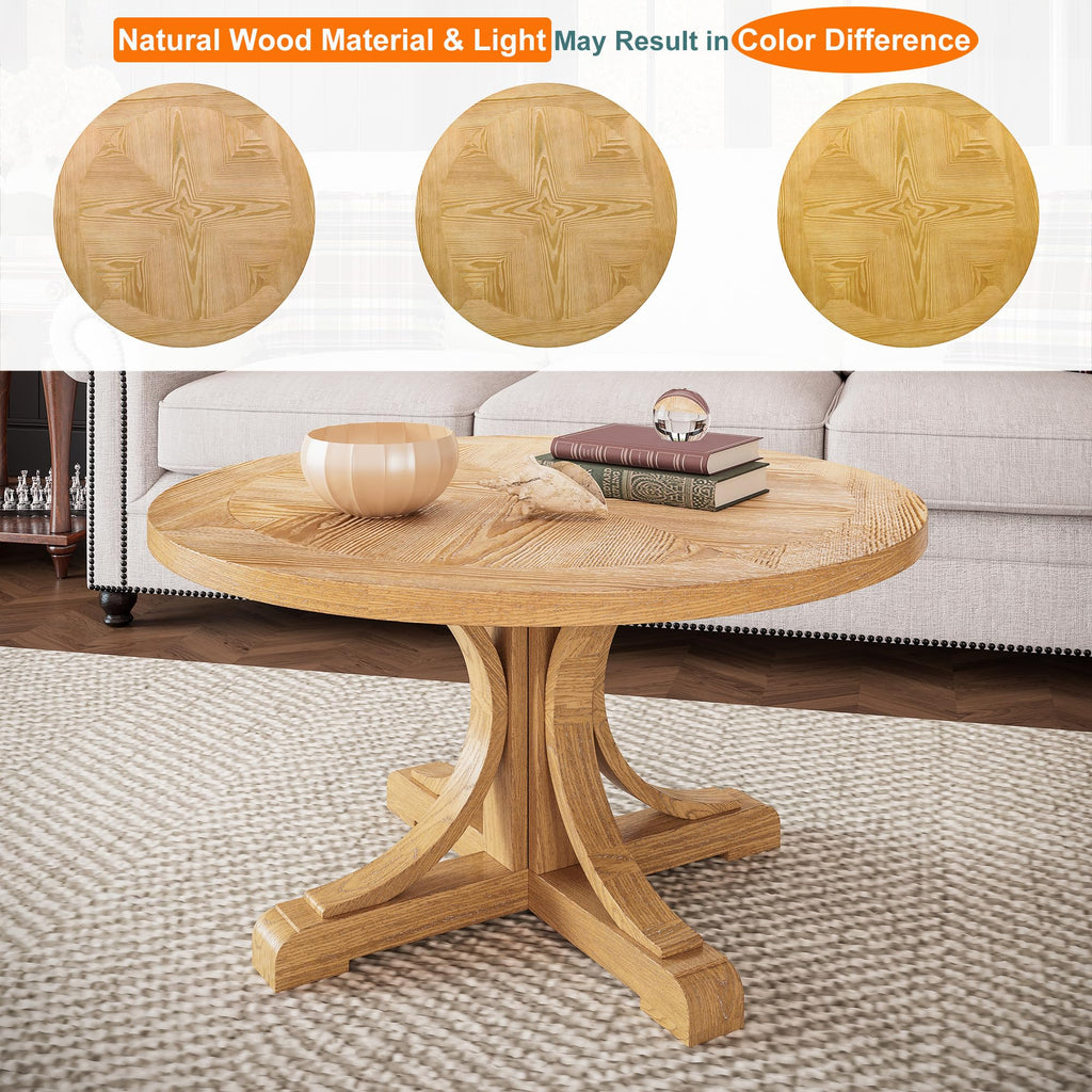 33.5"D Round Wood Coffee Table with Pedestal Base, Splicing Top