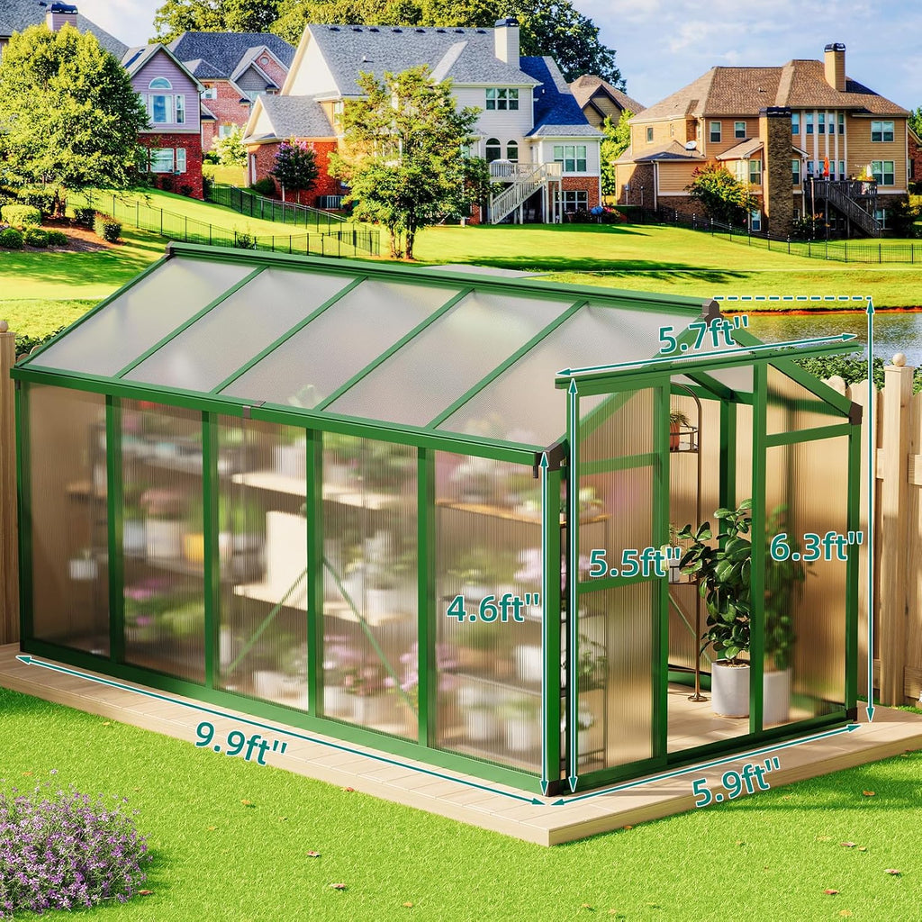 6x10 FT Greenhouse - Large Aluminum Greenhouses for Outdoors | Easy Assembly Polycarbonate Greenhouse with Roof Vent