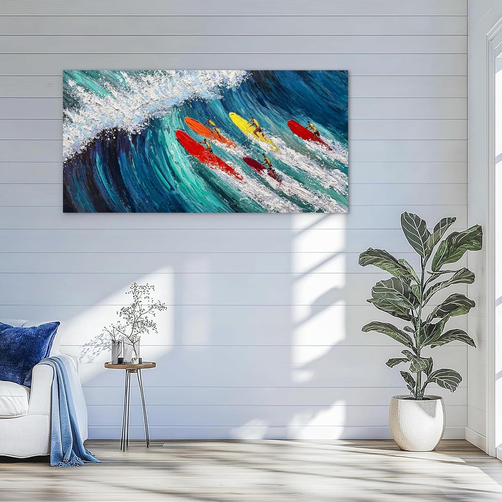Coastal Canvas Wall Art Large Blue Beach Hand Painted Oil Painting Ocean Wave Wall Art Colorful Surfer Artwork