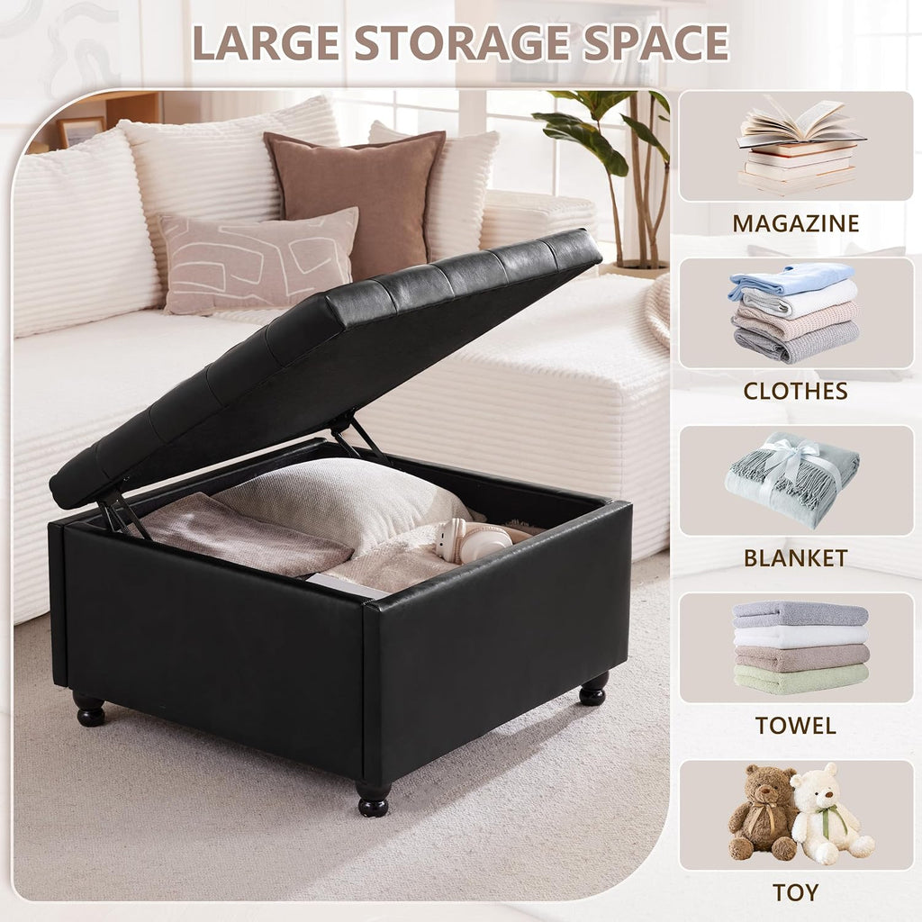 30" Large Square Ottoman with Storage, Leather Ottoman Coffee Table, Black | Tufted Upholstered Ottoman , Oversized