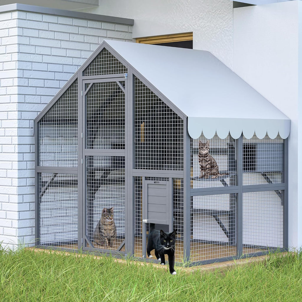 28ft2 Large Outdoor Cat House, Luxury Wooden Walk-in Catio Enclosure with 2 Doors & 2 Hiding Houses, Escape-Proof