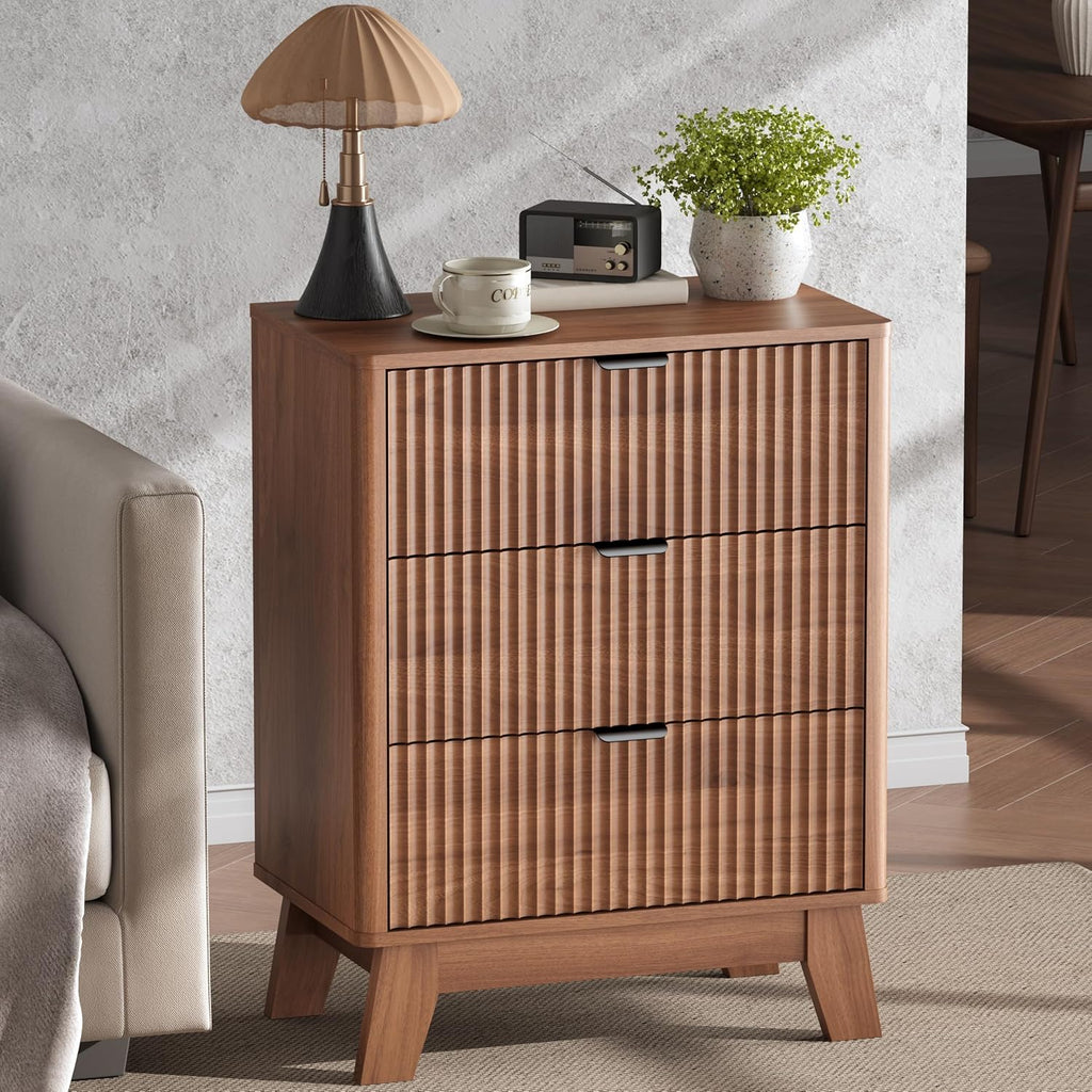 Walnut Nightstand with 3 Drawers, Mid Century Modern Wooden Bedroom Nightstand, Bedside Table & End Table with Metal