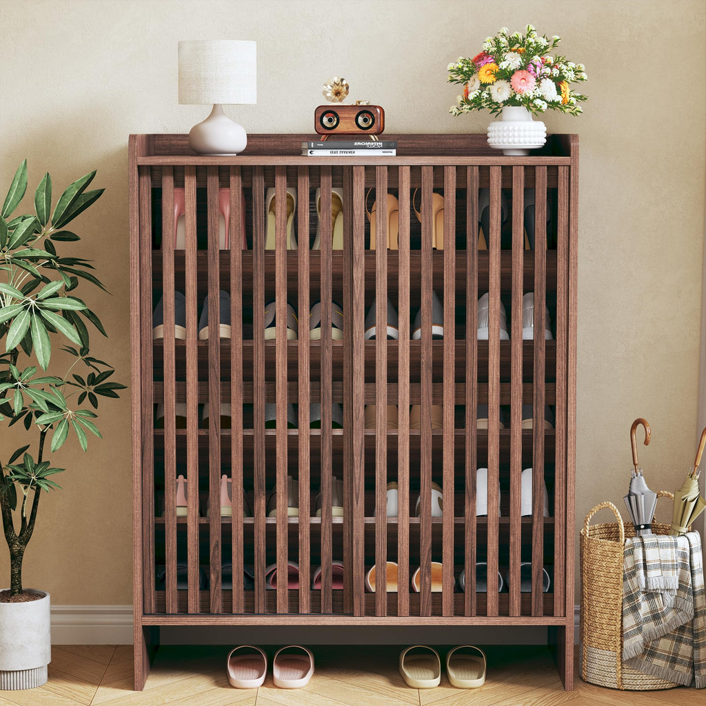 5-Tier Shoe Cabinet with Sliding Shutter Doors, Wooden Shoe Storage Cabinet with Adjustable Shelf, Modern
