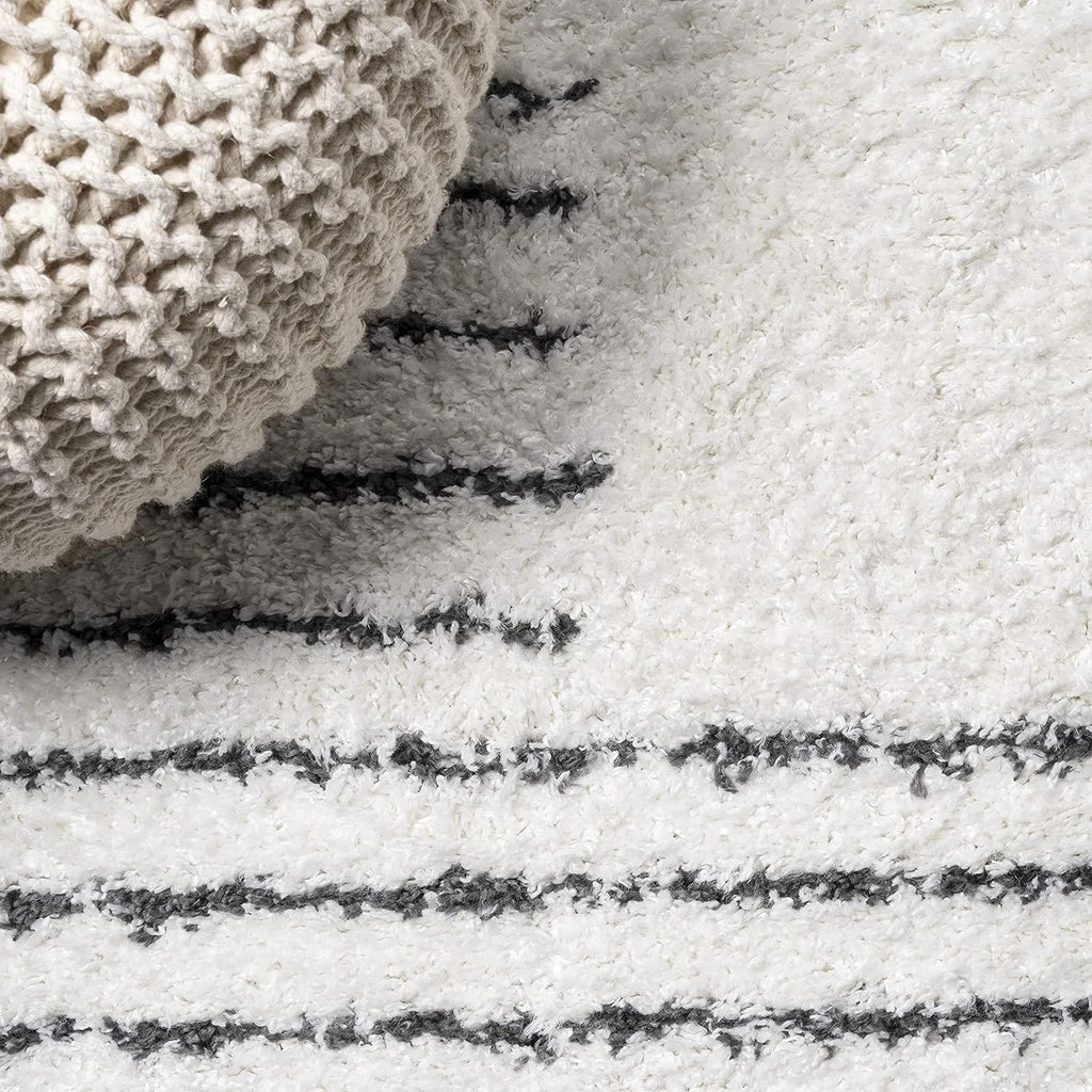 Petra Abstract Stripe Shag White/Gray Indoor Area Rug, Geometric, Bohemian, Contemporary, Easy-Cleaning, Pet