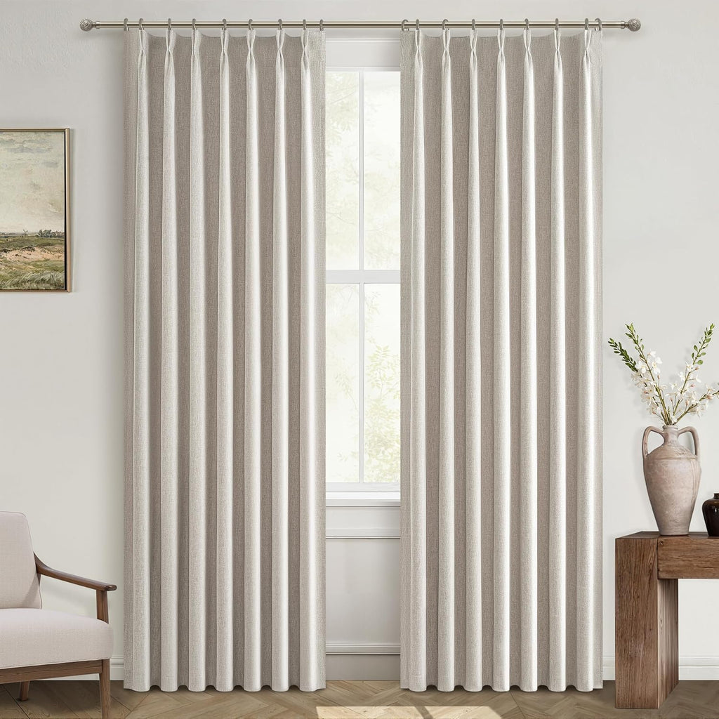 Pinch Pleated 92 Inch Curtains Blackout for Bedroom 2 Panels Set, Natural Linen Farmhouse Viral for 92-93 Inches