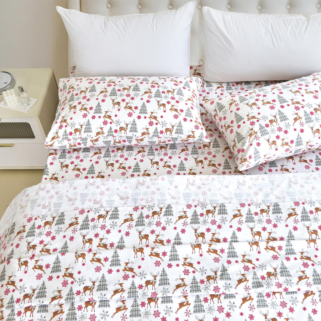 Holiday Christmas Flannel Sheet Set, Twin, Plaid Deer