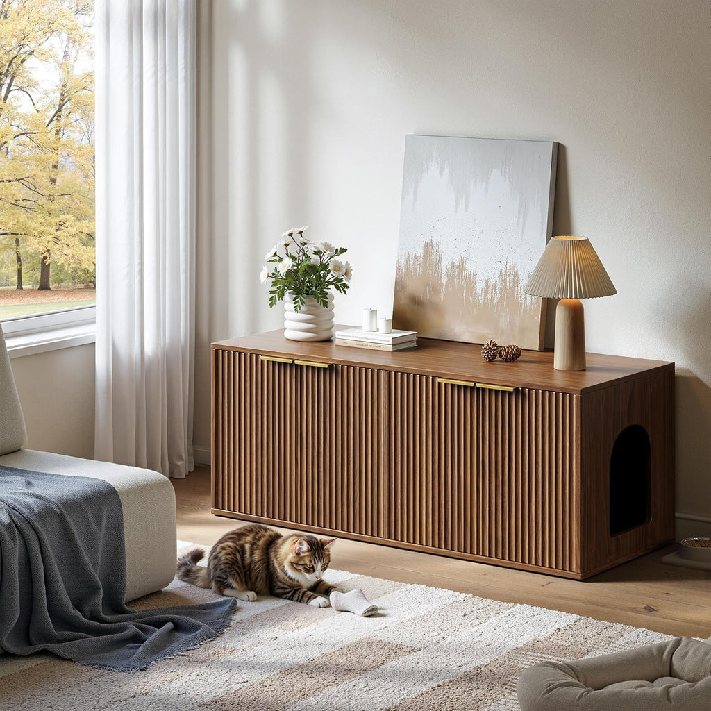 47.2" Walnut Litter Box Enclosure Furniture for 2 Cats
