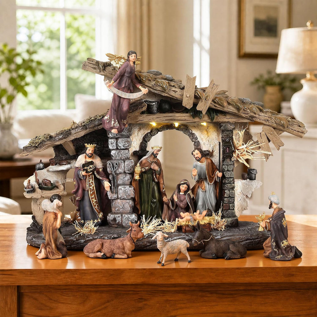 Extra-Large Nativity Set Indoor, 25" 11-Piece Light-Up Hand-Painted Collectible Figurines, Separate Sculpted Statues