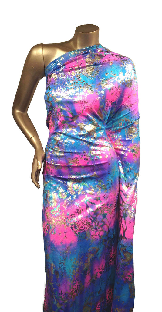 Shiny Rainbow Foil Abstract Pattern on Bright Crease Stretch Nylon Spandex Fabric by The Yard (Hot Pink/Turquoise)