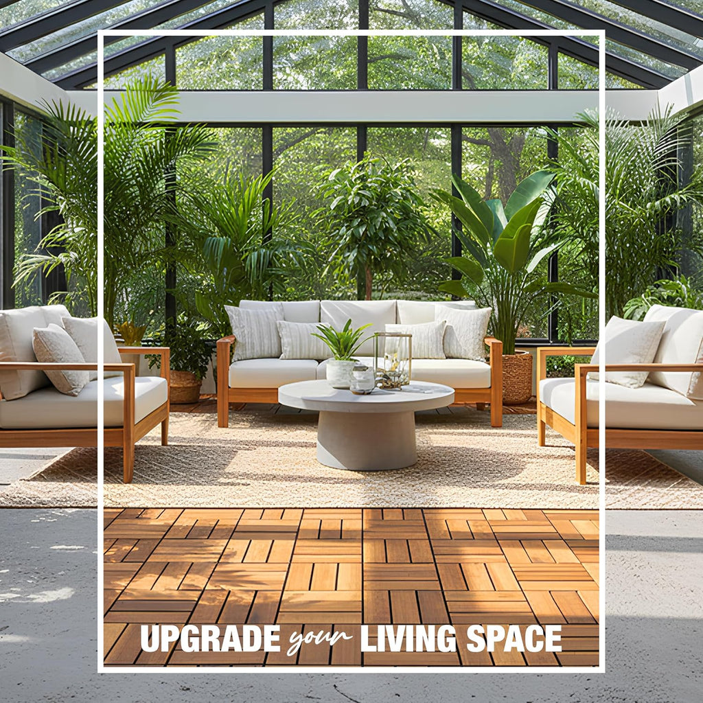Premium Acacia Wood Interlocking Deck Tiles, 9 PCS 12"x12"x0.9" Patio Flooring, Waterproof Decking Tiles for Balcony