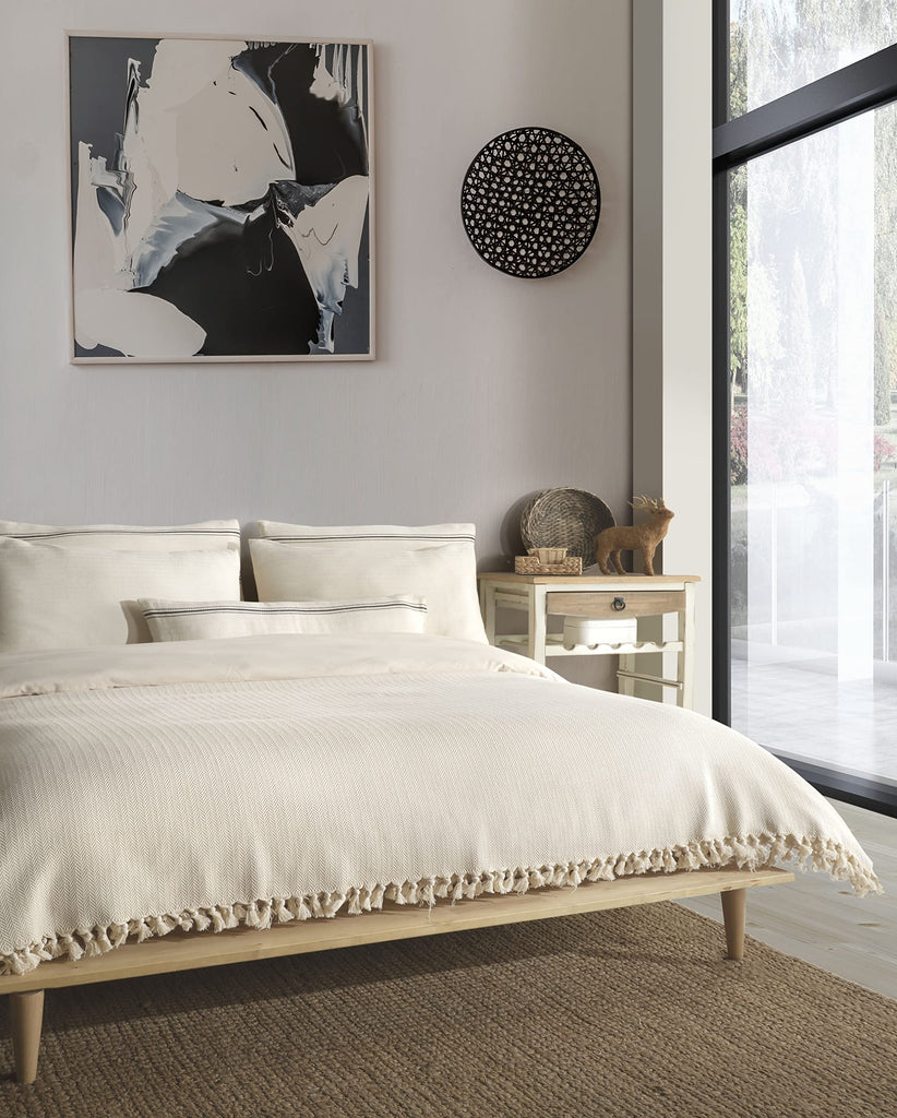 Handmade Undyed Natural Cotton Herringbone Large Throw Blanket with All-Around Fringes - Soft, Lightweight Sofa &