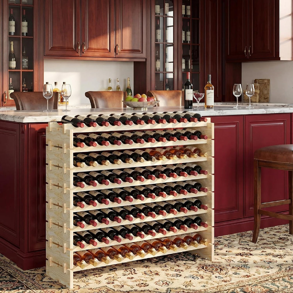 96 Bottles Stackable Modular Wine Rack, 8-Tier Wooden Wine Storage Rack Freestanding Wine Holder Display Shelves