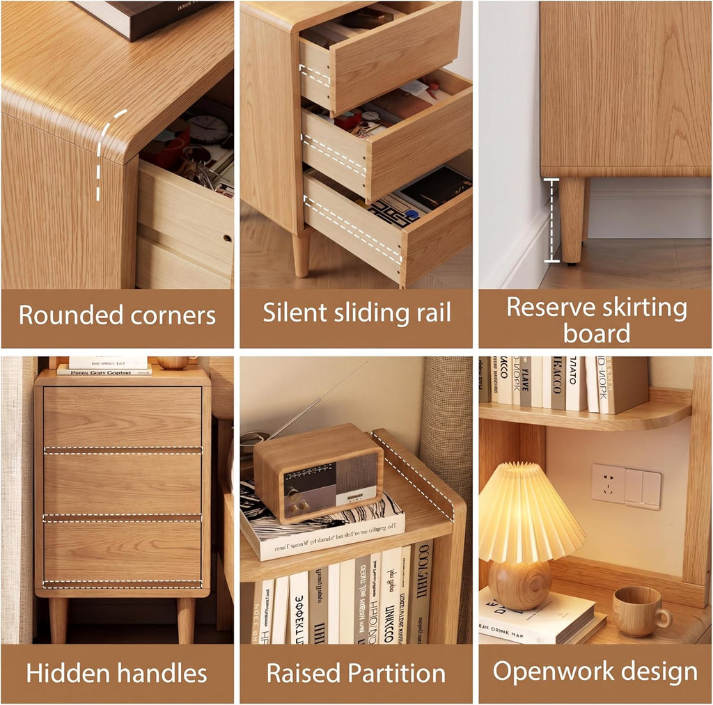 Solid Wood Bookshelf Nightstand Combo, Tall Nightstand with Bookshelf | Oak Nightstand Bookshelf,Narrow Nightstand
