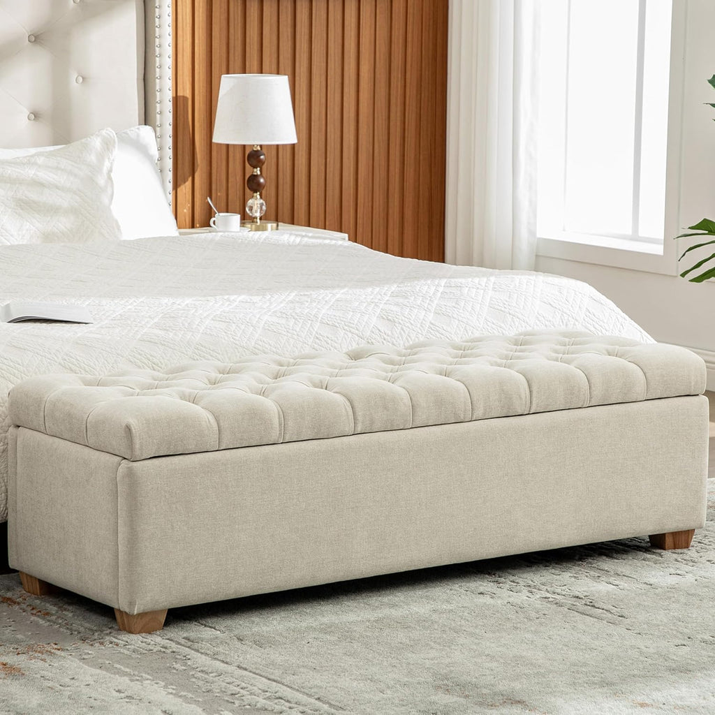 60.2" Storage Ottoman Bench Bed End,Beige Chenille Bench with Seating,Button Tufted Ottomans with Storage