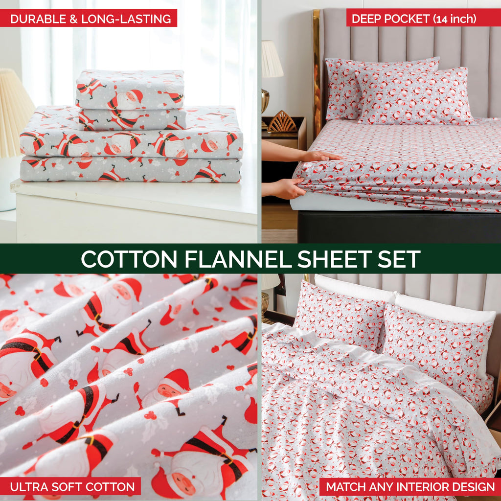 Holiday Christmas Flannel Sheet Set, King, Jolly Santa