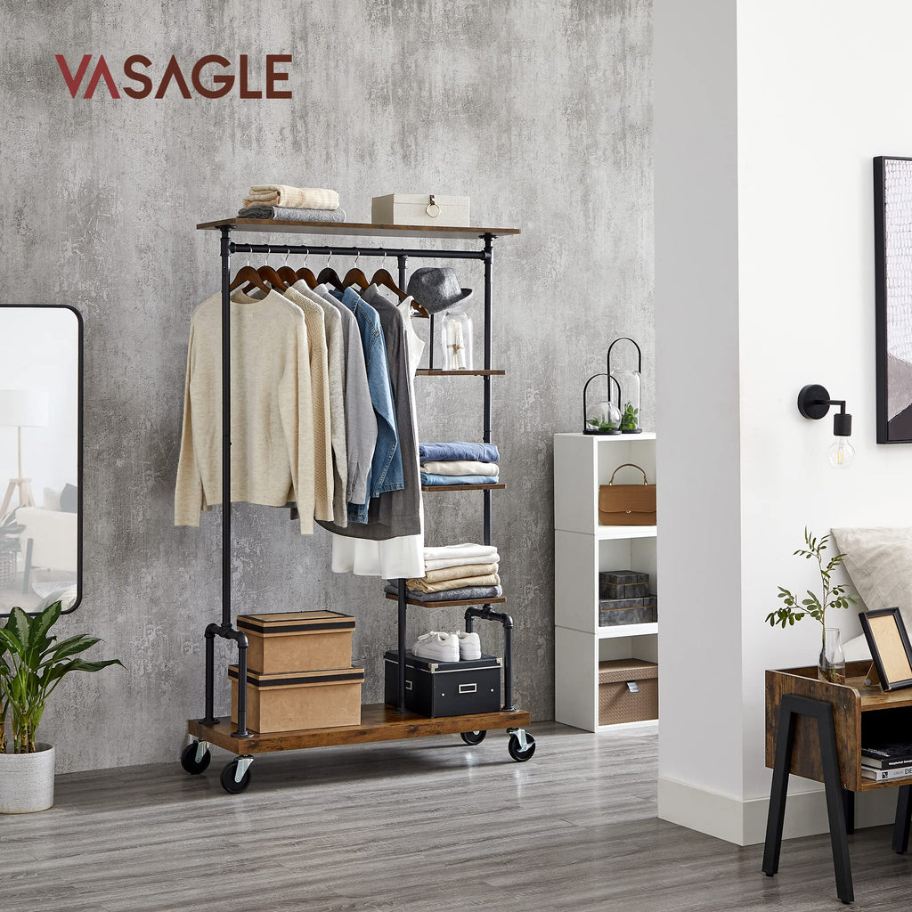 Clothes Rack, 5-Tier Garment Rack on Wheels, Industrial Pipe Style